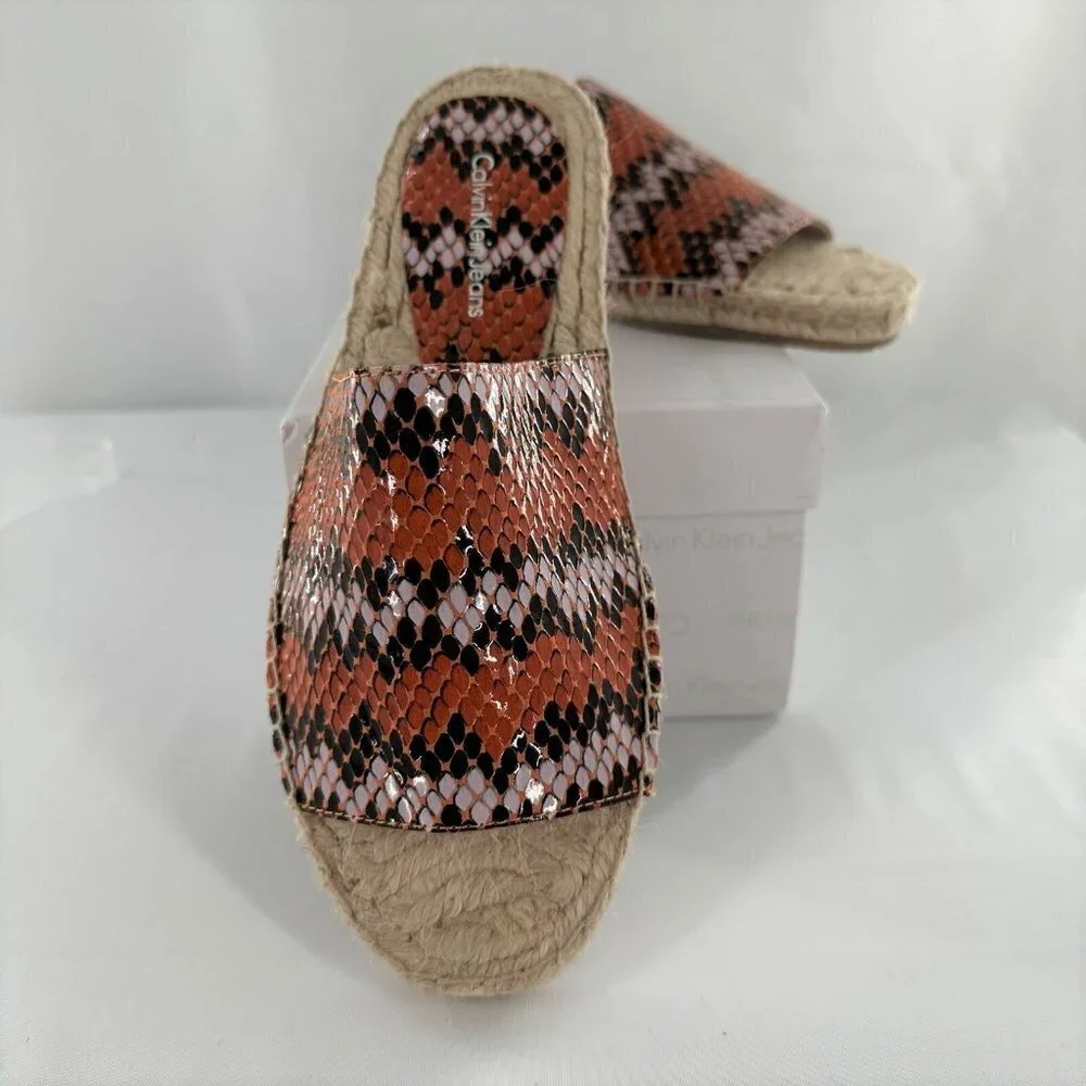 NEW Calvin Klein Pessa Chevron Snake Espadrille Slides in Tangerine Size 6.5